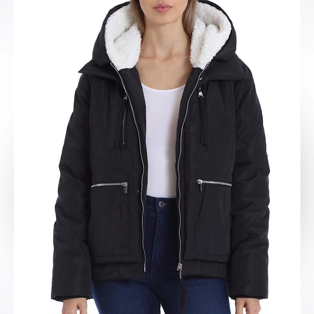 NWT Avec Les Filles Black Puffer w/Faux Shearling Lined  Hood Jacket Women’s Med